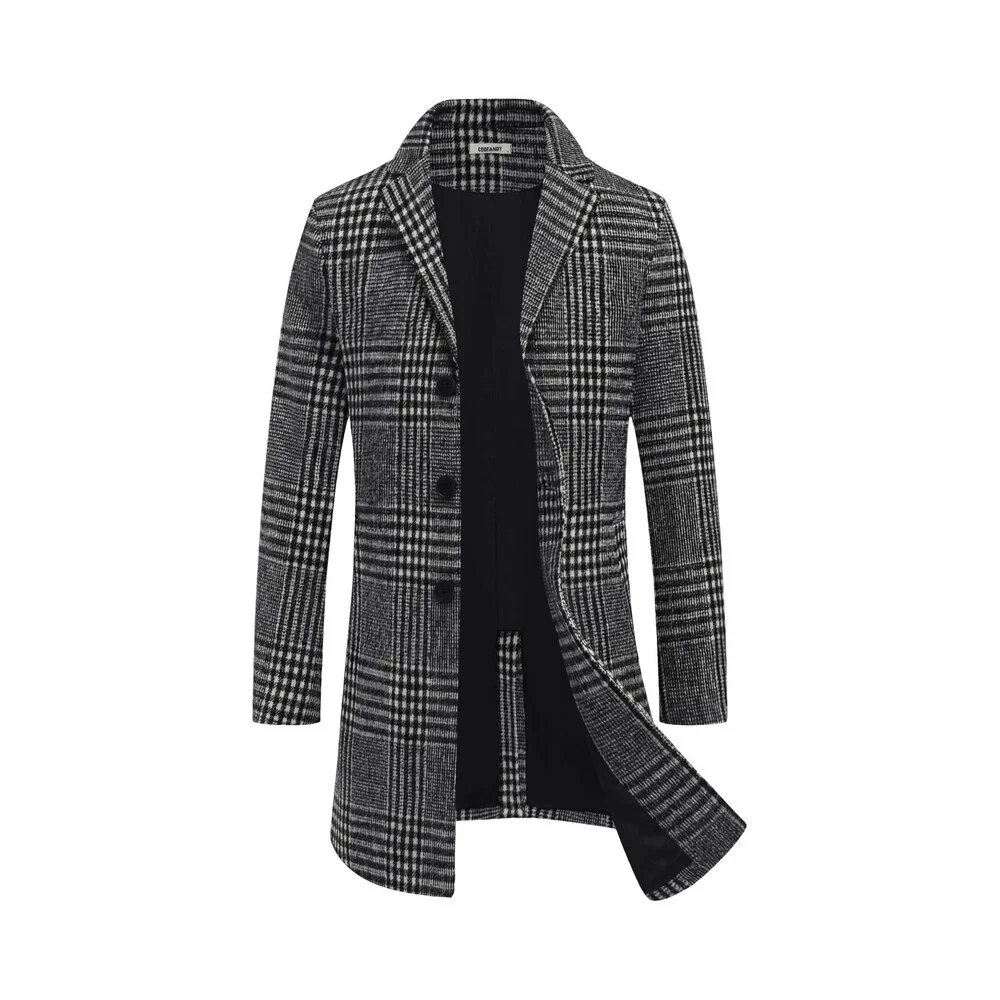 COOFANDY Men's Black Plaid Overcoat Winter Peacoat Men Wool Coats Trench Coat L
